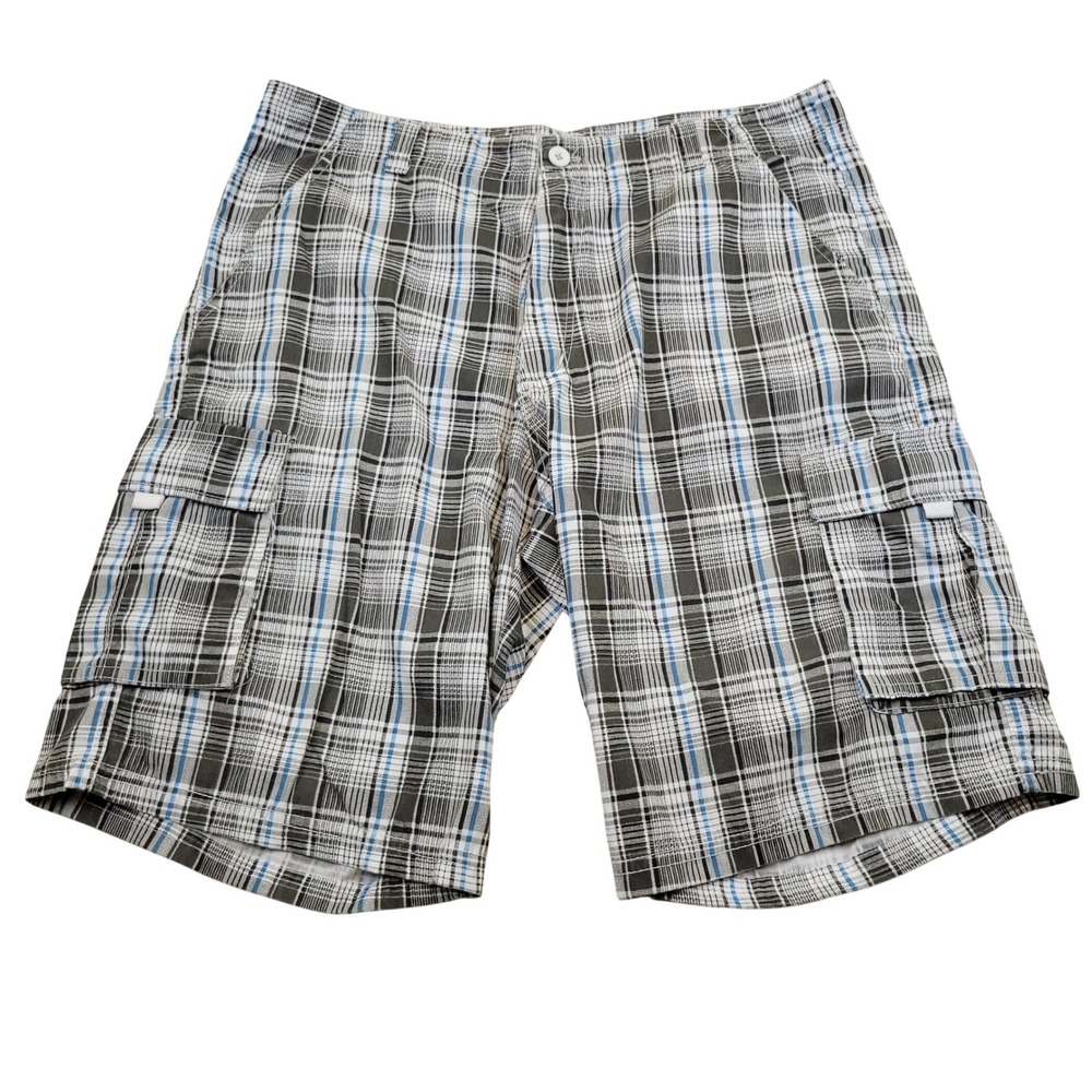 BASIX of AMERICA Plaid Cargo Shorts XL White Grey Blue‎